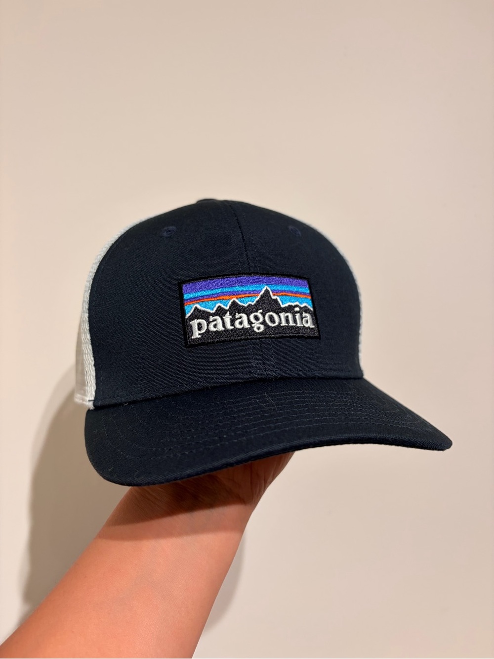 Patagonia Adjustable Navy White Patch Trucker Hat with Purple Accent Adult Size